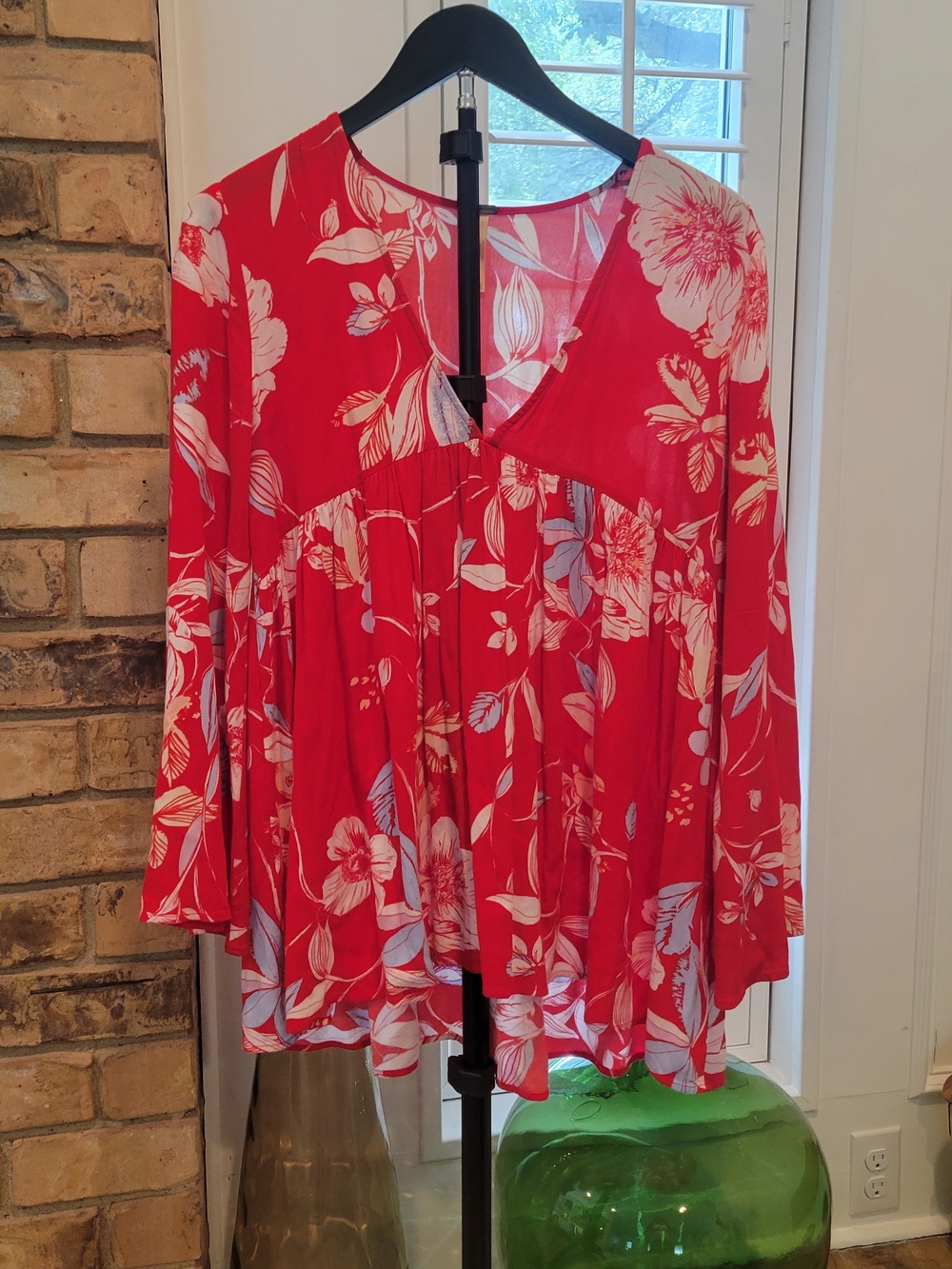 Free People Red Floral V-Neck Tunic